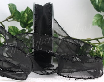 Black Tinsel Edge Organza Ribbon 1" wide BY THE YARD, Sparkle Ribbon