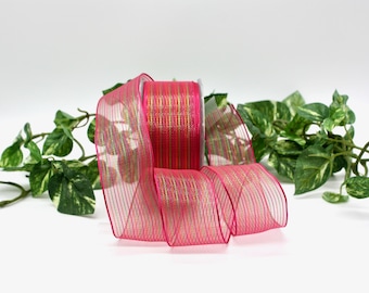 Wired Sheer Red Stripe Ribbon 1.5" wide BY THE YARD