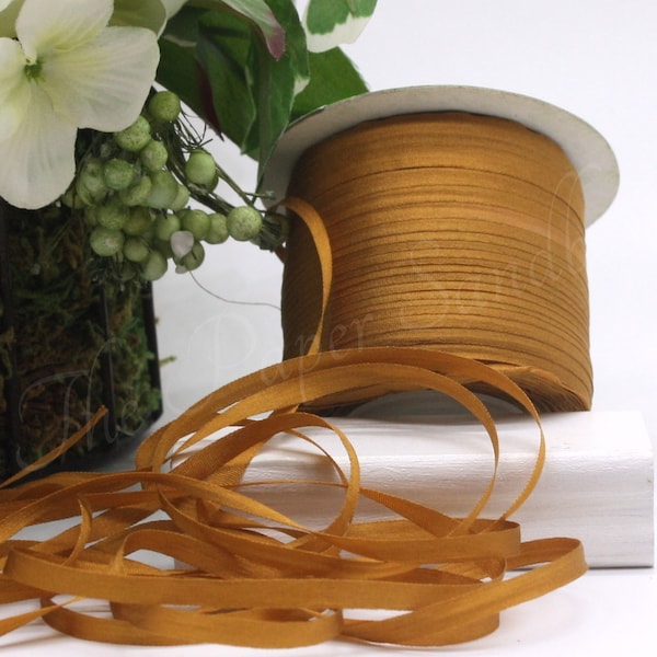 2 yards Antique Gold Silk Ribbon 1/8” wide, Pantone Golden Oak