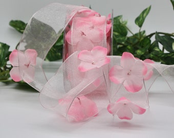 Wired Sheer Pink Ribbon Flowers & Pearls 1.5" wide