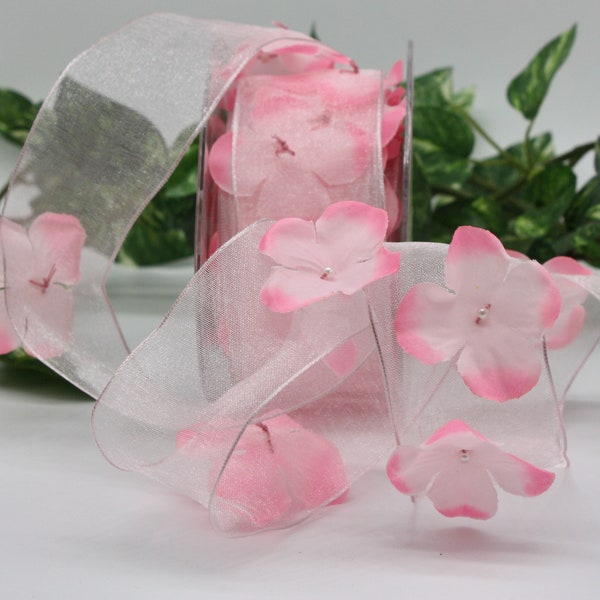 Wired Sheer Pink Ribbon Flowers & Pearls 1.5" wide BY THE YARD