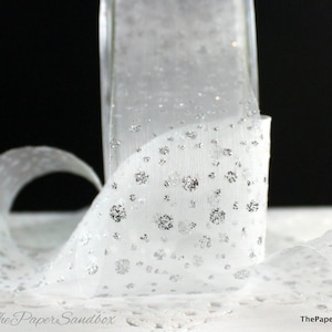 Sheer White/silver Glitter Ribbon 1.5” Wide by the Yard, Silver Sparkle ...