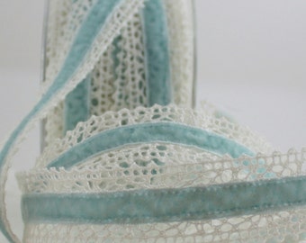 French Blue Velvet & Crochet Lace Ribbon 1.5" wide by the yard