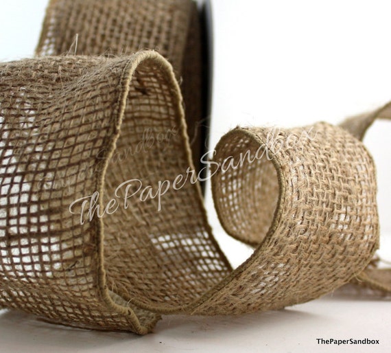 Wired Burlap Ribbon/White Border 2 wide BY THE YARD