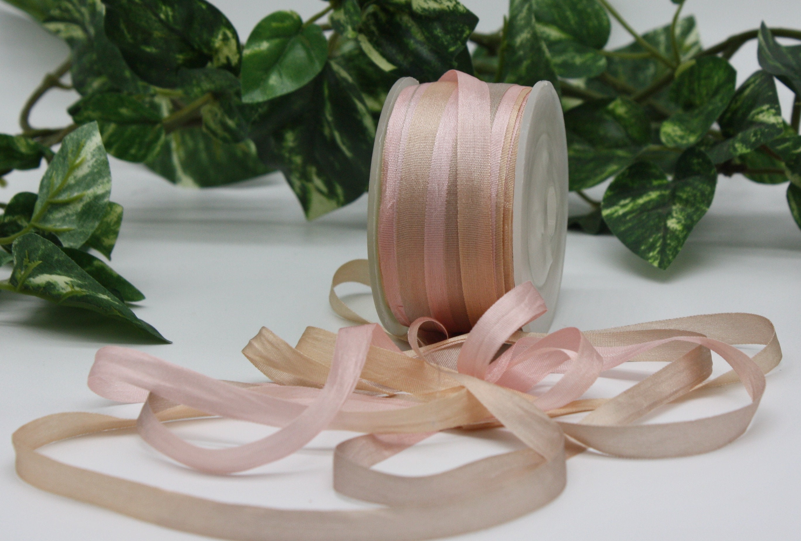 Pink/Pale Champagne Tie Dyed Silk Ribbon 1.25 wide by the yard