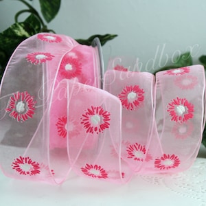 Wired Pink Organza Floral Ribbon 1.5” wide BY THE YARD