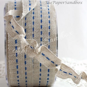 Blue Center Stitch Burlap Ribbon 5/8” wide BY THE YARD