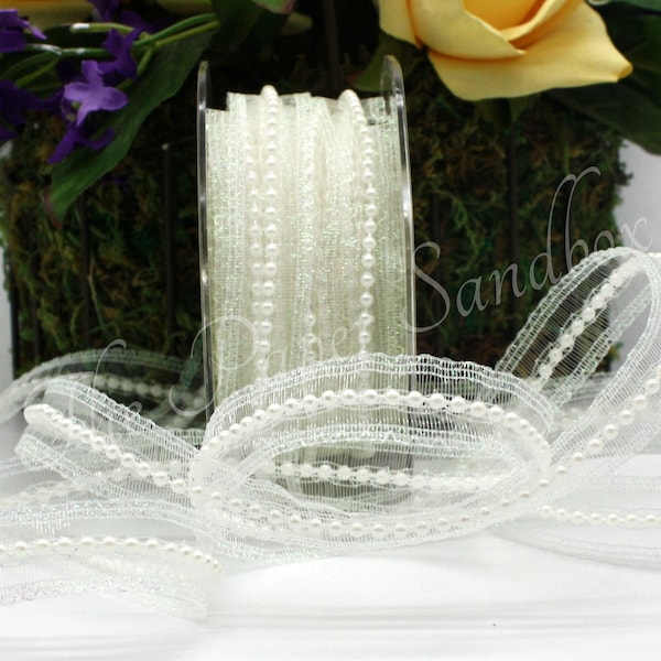 Iridescent White Pearl Lace Ribbon 5/8” wide BY THE YARD