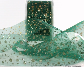 Sheer Green Glitter Ribbon 1.5” wide BY THE YARD, Green & Gold Ribbon