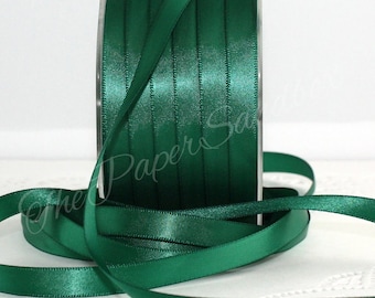 Green Satin Ribbon 3/8” wide BY THE YARD, Double Faced Swiss Satin