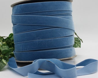 Denim Blue Velvet Ribbon: 3/8 - 7/8 Inch Wide, By The Yard