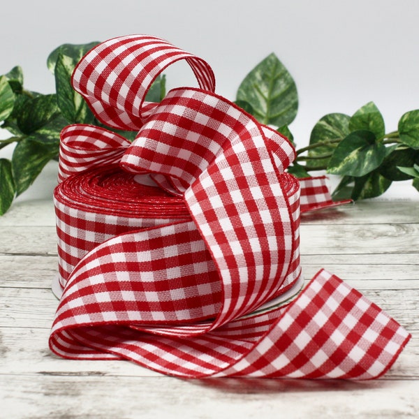 Red/White Gingham Check Ribbon 1.5" wide BY THE YARD