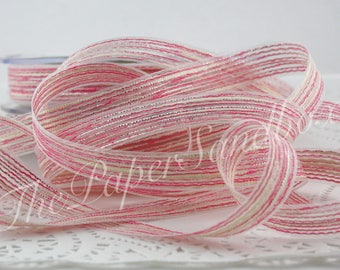 Pink/Silver Ribbon 5/8" wide by the yard, Mixed Fiber Ribbon