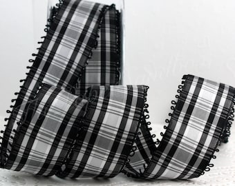 Wired Black/White Plaid Ribbon 1.5" wide BY THE YARD, Picot Edge