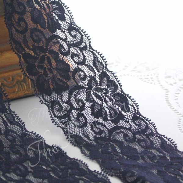 Navy Blue Stretch Lace 2.5” wide BY THE YARD