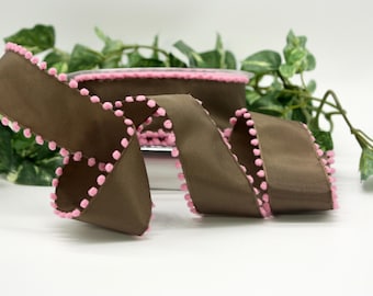 Wired Brown Ribbon with Pink Pom Pom Trim 1.5" wide