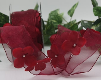 Wired Sheer Burgundy Floral Ribbon 1.5" wide