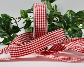 Red and White Checked Taffeta Ribbon 1" wide BY THE YARD