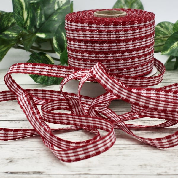 Red/White Check Ribbon 3/8" wide by the yard, Gingham Ribbon