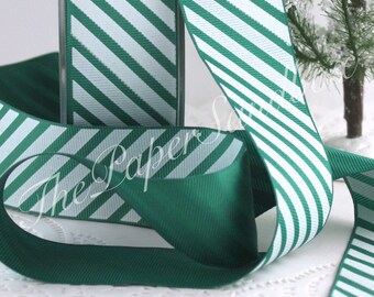 Green and White Striped Ribbon 1.5” wide BY THE YARD, Candy Cane Stripe Ribbon, Christmas Ribbon