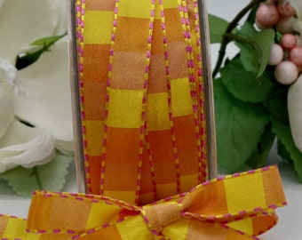 Yellow/Pink/Orange Check Ribbon 1/2" wide BY THE YARD