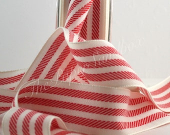 Red/White Ticking Stripe Ribbon 1.25” wide BY THE YARD