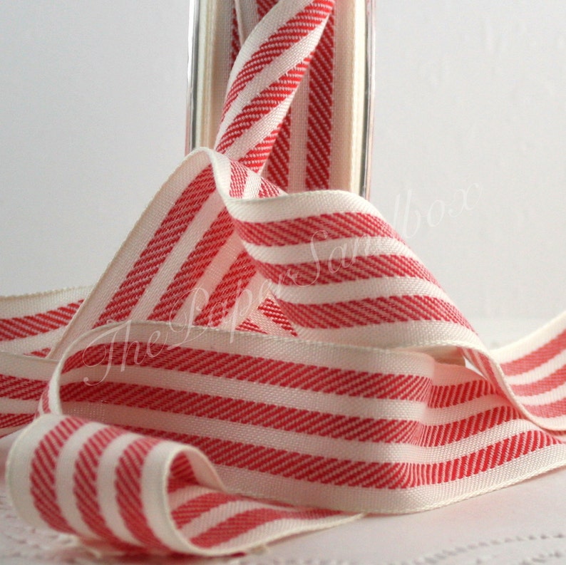 Red/White Ticking Stripe Ribbon 1.25 wide by the yard image 1