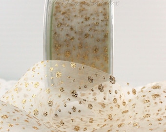Sheer Ivory Ribbon/Gold Glitter Ribbon 1.5” wide BY THE YARD