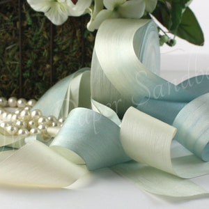 Blue/Ivory Tie Dyed Silk Ribbon 1/4&quot; - 1.25&quot; wide BY THE YARD