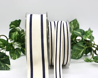 Navy Blue Striped Cotton Ribbon: 5/8" - 1.5" Wide, By The Yard