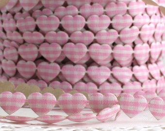 Pink Gingham Heart Stick on Ribbon Trim 3/8” wide by the yard