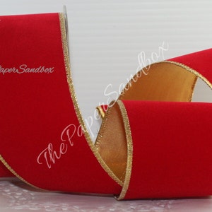 Wired Red/Gold Velvet Ribbon 2.5”- 4"  wide BY THE YARD