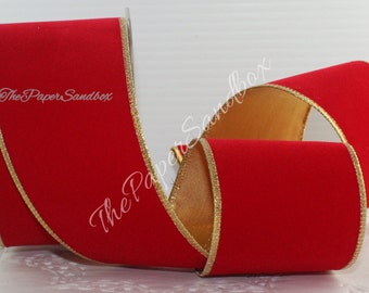 Wired Red/Gold Velvet Ribbon 2.5”- 4"  wide BY THE YARD
