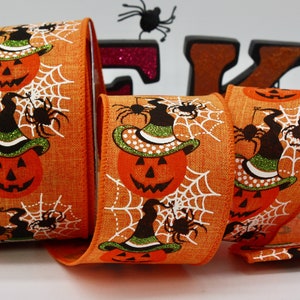 Wired Halloween Ribbon, Jack O&#39;Lantern Ribbon, Wired Pumpkin Ribbon 2.5&quot; wide BY THE YARD