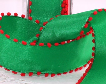 Wired Green/Red Pom Pom Trim Ribbon 1.5" wide by the yard