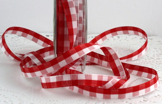 Red/white Check Ribbon 3/8 Wide by the Yard, Gingham Ribbon 