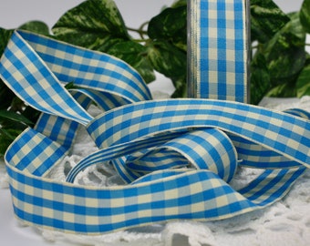 French Blue/Ivory Checked Gingham Ribbon 7/8" wide BY THE YARD, Pantone French Blue