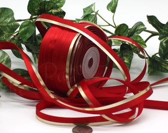 Red/Gold Satin Ribbon 3/8” wide by the yard, Single Faced Satin