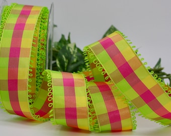 Wired Pink/Green/Yellow Buffalo Plaid Ribbon 1.5" wide BY THE YARD