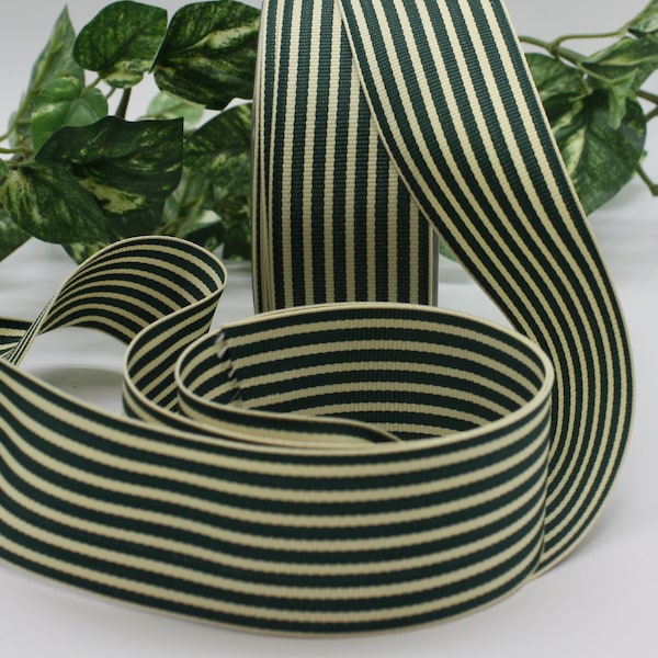Dark Green/Ivory Stripe Ribbon 1.5" wide BY THE YARD Midnight Moss Green
