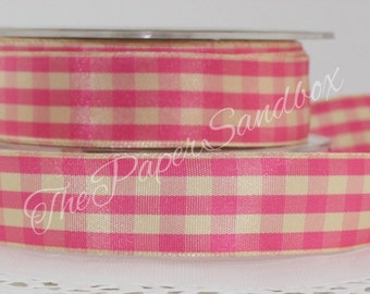 Pink/Ivory Gingham Check Ribbon 7/8” wide BY THE YARD