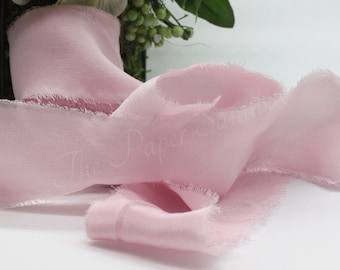 Pink Frayed Silk Ribbon 1.25" -2" wide BY THE YARD