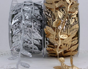 Gold Leaf Ribbon Trim: Metallic Embossed Leaves, 1/4" Wide