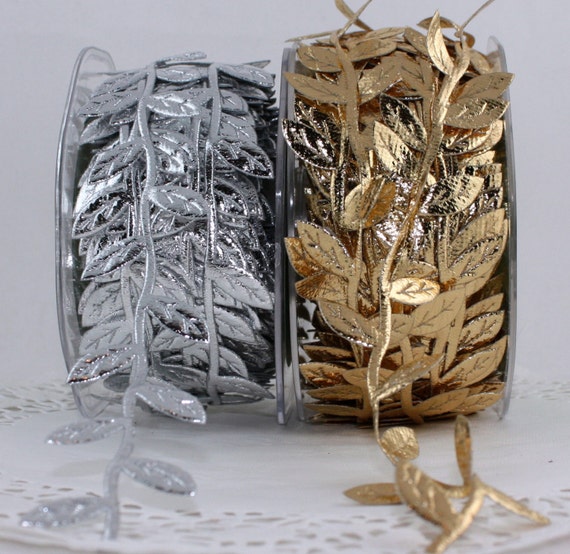 Gold Leaves Ribbon Trim, Gold Leaf Ribbon 1/4 Wide by the Yard 