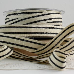 Black/Ivory Striped Cotton Twill Ribbon 5/8” by the yard