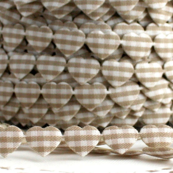 Taupe and White Gingham Heart Stick on Ribbon Trim 3/8” wide BY THE YARD, Adhesive Ribbon