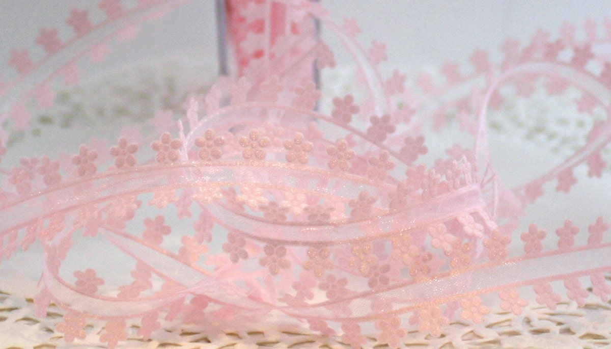 Pink Ribbon with Flower Edging Sheer Pink Ribbon 3/4 inch Etsy