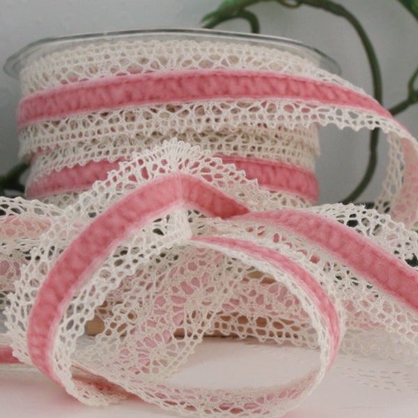 Pink Velvet & Crochet Lace Ribbon 1" wide by the yard