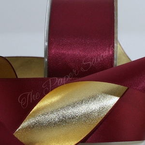 Burgundy/Gold Satin Ribbon 1.5” wide BY THE YARD Double Faced Satin