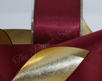 Burgundy/Gold Satin Ribbon 1.5” wide BY THE YARD Double Faced Satin